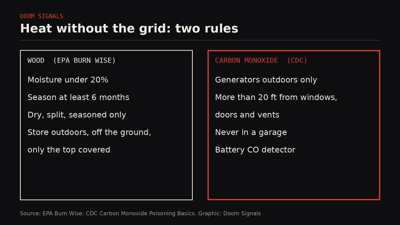 Two panel safety card: wood under 20 percent moisture, seasoned 6 months; generators outdoors, more than 20 feet from windows, doors and vents.