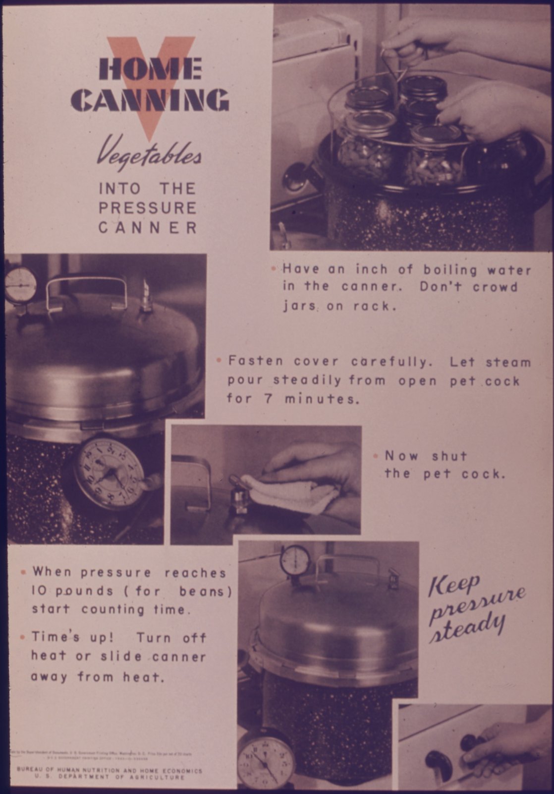 A vintage government poster showing vegetables being loaded into a pressure canner.