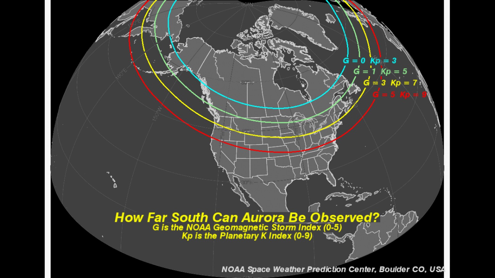 NOAA Space Weather Prediction Center map of North America titled How Far South Can Aurora Be Observed, with four colored rings around the north magnetic pole. A cyan ring for Kp 3 runs across central Canada, a green ring for Kp 5 (G1) near the Canada and US border, a yellow ring for Kp 7 (G3) across the northern US, and a red ring for Kp 9 (G5) reaching the middle of the country.