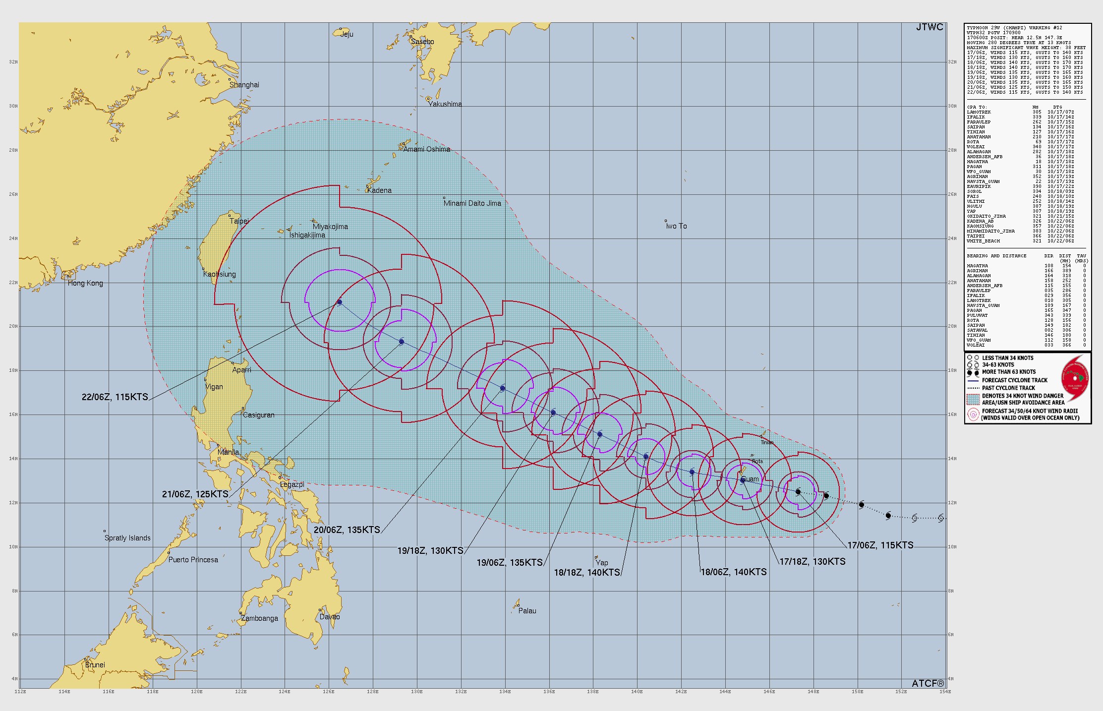 JTWC Warning 12 forecast track map for Typhoon Champi, with the storm just east of Guam and its forecast path passing near Guam, then curving northwest