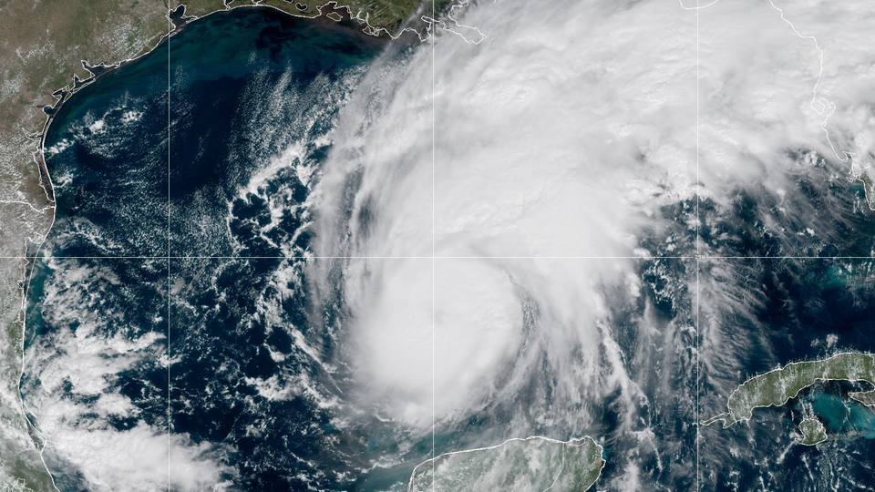 GOES-19 satellite view of Hurricane Isaias over the southern Gulf at 1 PM ET Oct 8, with the Texas and Louisiana coast at top, the Yucatán Peninsula below and western Cuba at lower right