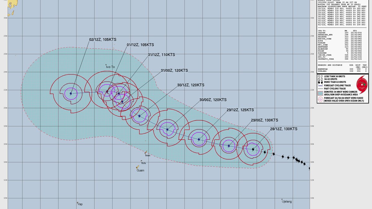 JTWC forecast track map for Super Typhoon In-fa, warning 21, showing the storm passing north of Saipan and Tinian
