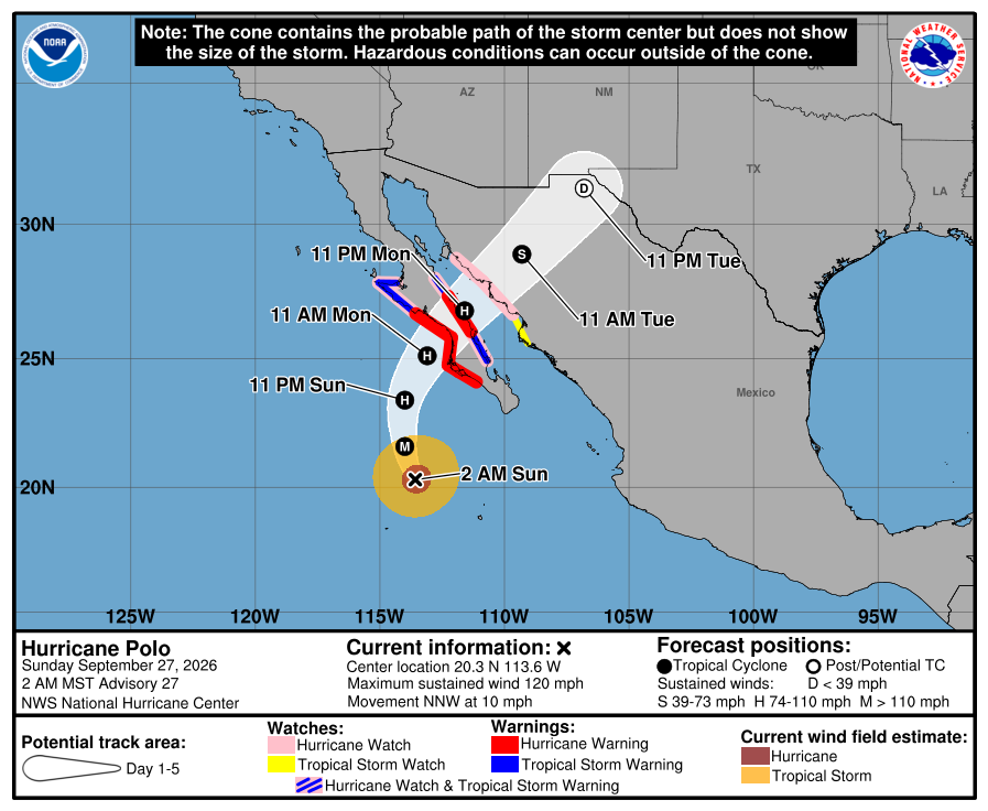 NHC 5-day cone for Hurricane Polo, 2 AM MST Advisory 27 — center 20.3 N 113.6 W, Hurricane Warnings on both Baja California Sur coasts, forecast track across the peninsula Monday