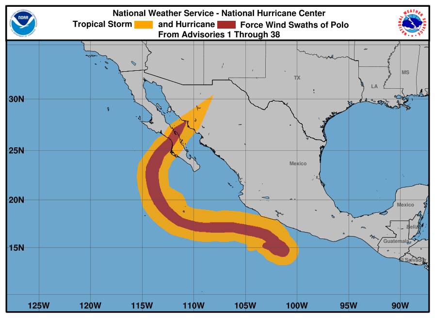 NHC wind history graphic: tropical-storm and hurricane-force wind swaths of Polo from Advisories 1 through 38, from off southwestern Mexico north across Baja California Sur to Sonora