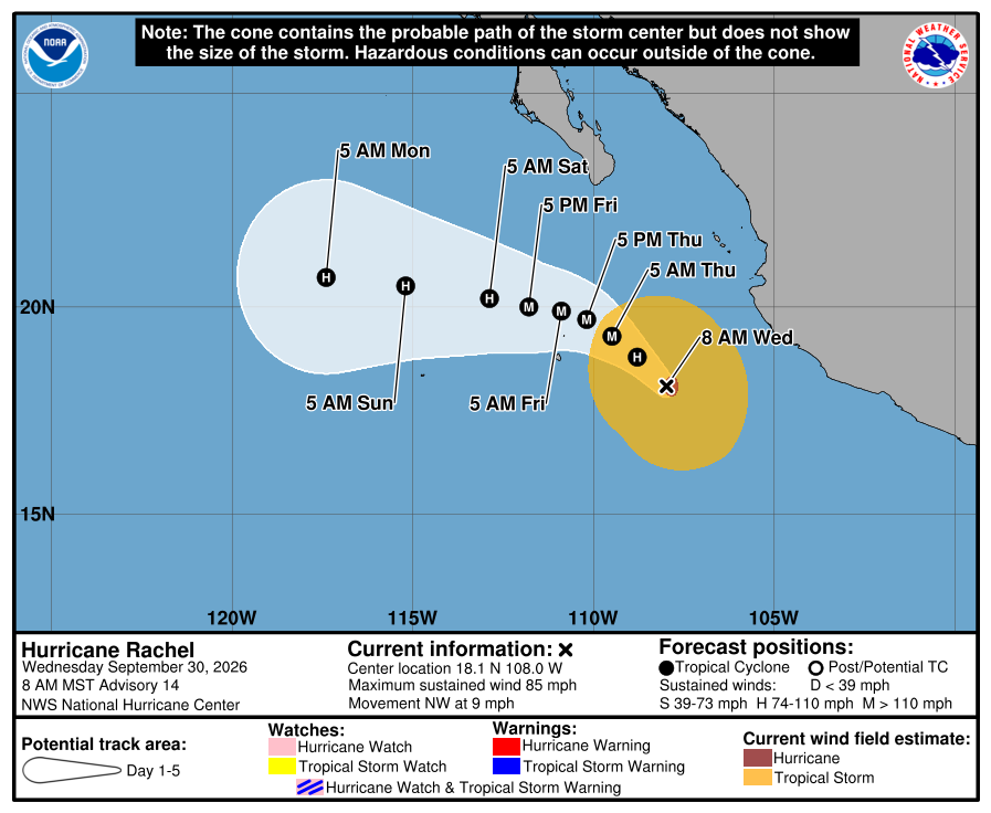 NHC 5-day cone graphic for Hurricane Rachel, 8 AM MST Advisory 14 — center 18.1 N 108.0 W off southwestern Mexico, forecast track west-northwest south of Baja California
