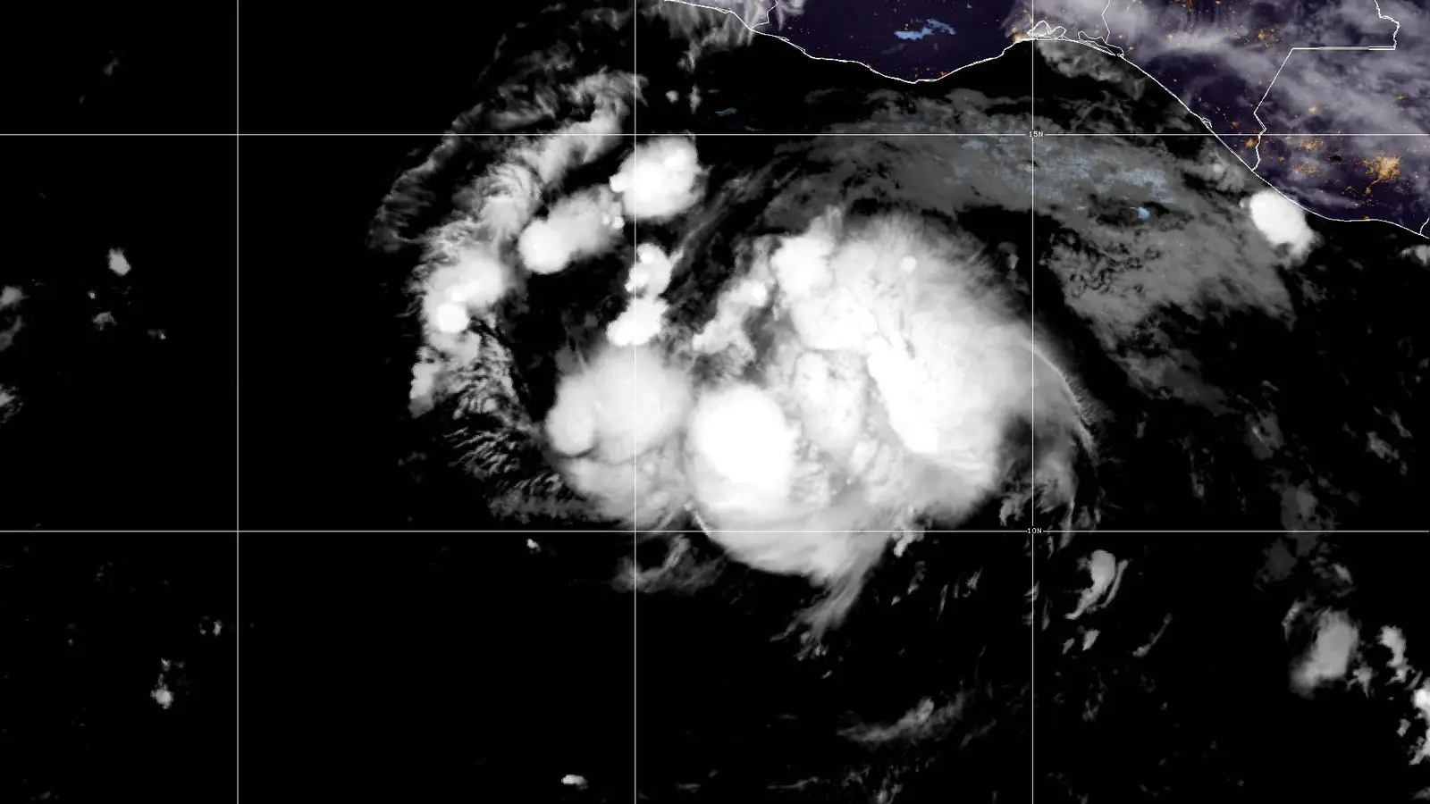 GOES-19 GeoColor satellite image of Tropical Storm Trudy at 5 AM EDT Oct 14, 2026 (NHC Advisory 4): a broad cluster of bright storm clouds over the eastern Pacific, well south of the lit coast of southern Mexico.