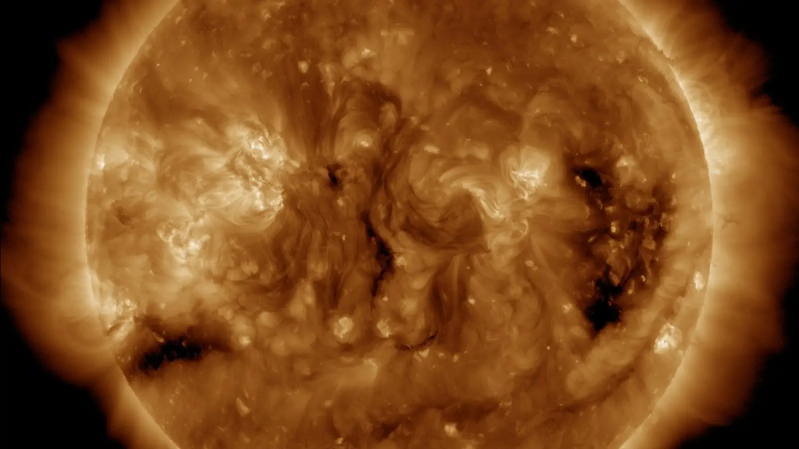NASA SDO extreme-ultraviolet image of the Sun at 7:18 AM EDT Oct 4, 2026, in the 193-angstrom channel: a glowing golden disk with several dark patches, the kind of regions known as coronal holes, scattered across it.