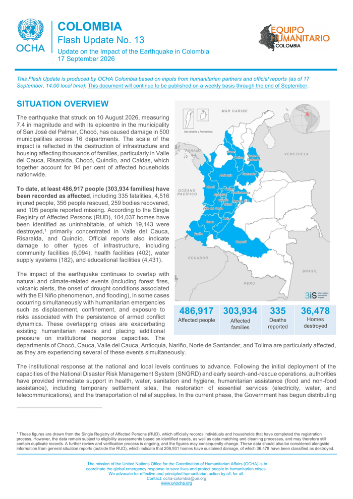 ReliefWeb preview image for OCHA Colombia Flash Update 013 (earthquake impact)