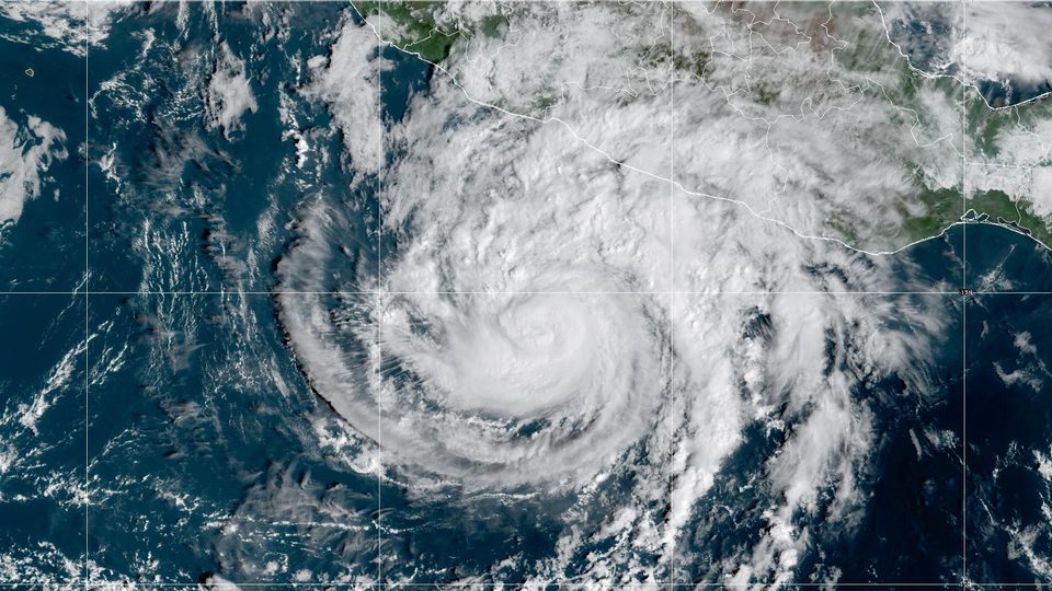 GOES-19 satellite view of Major Hurricane Trudy off southwestern Mexico at 11 AM ET Oct 16, a tight spiral of bright cloud with a clear center