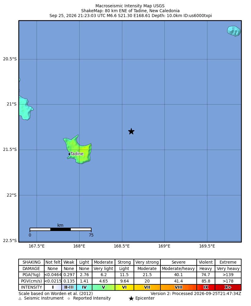 USGS ShakeMap intensity for us6000txpi (M6.6 near Tadine, New Caledonia)